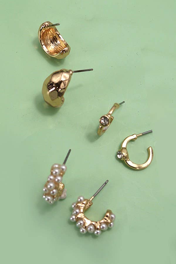 Miss Pearl Trio - The Trio Pearl Diamond Cut Huggie Hoop Earring Set