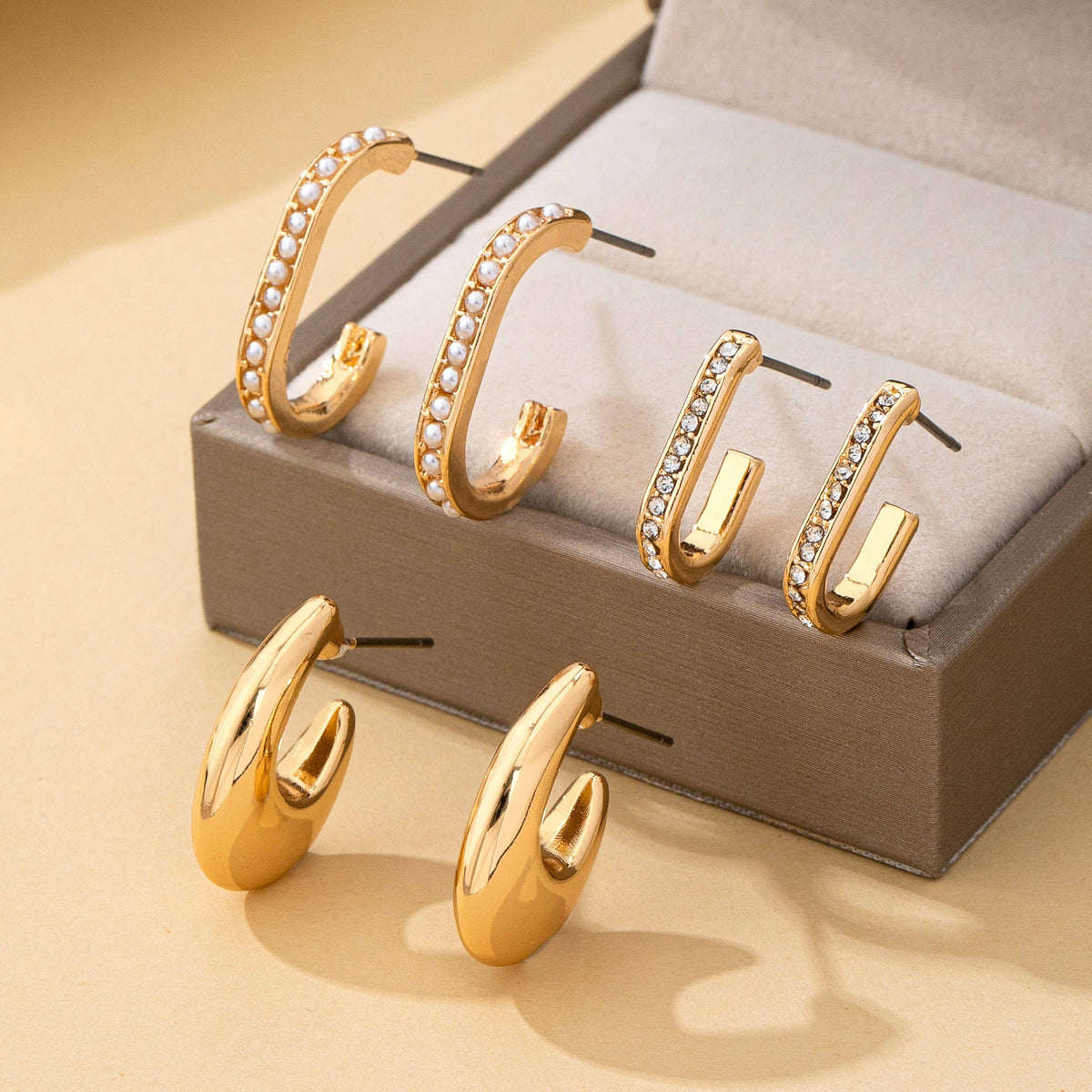 Miss Rhinestone Pearl Trio - The Rhinestone Pearl Huggie Hoop Trio Earrings