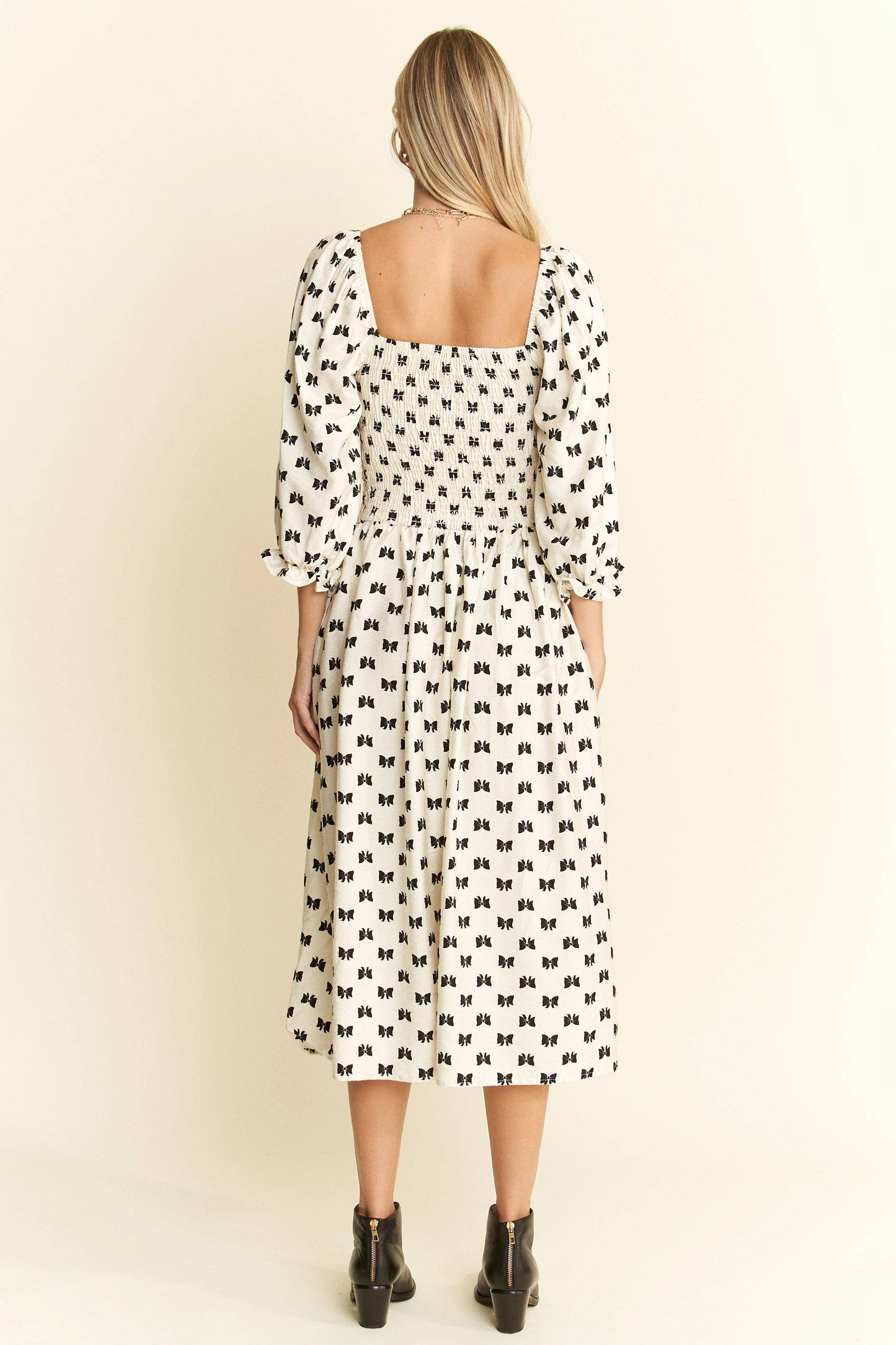Miss Ribbons - The White Puff Sleeve with Black Ribbon Patterned Dress