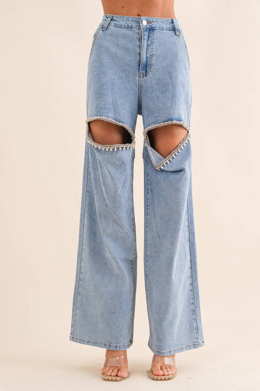 Miss Cut Outs - The Front Rhinestone Cut Out Washed Denim Jeans