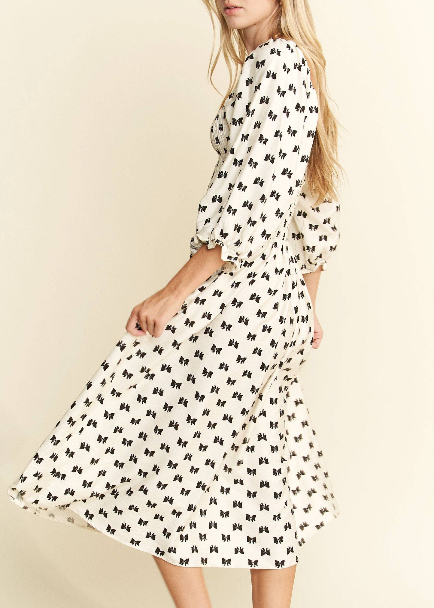 Miss Ribbons - The White Puff Sleeve with Black Ribbon Patterned Dress