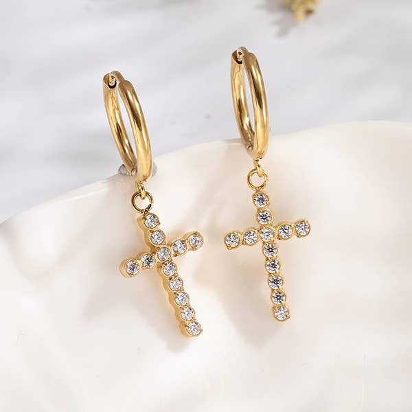 Miss Rhinestone - The 18K Stainless Steel Gold Cross Hoop Earrings