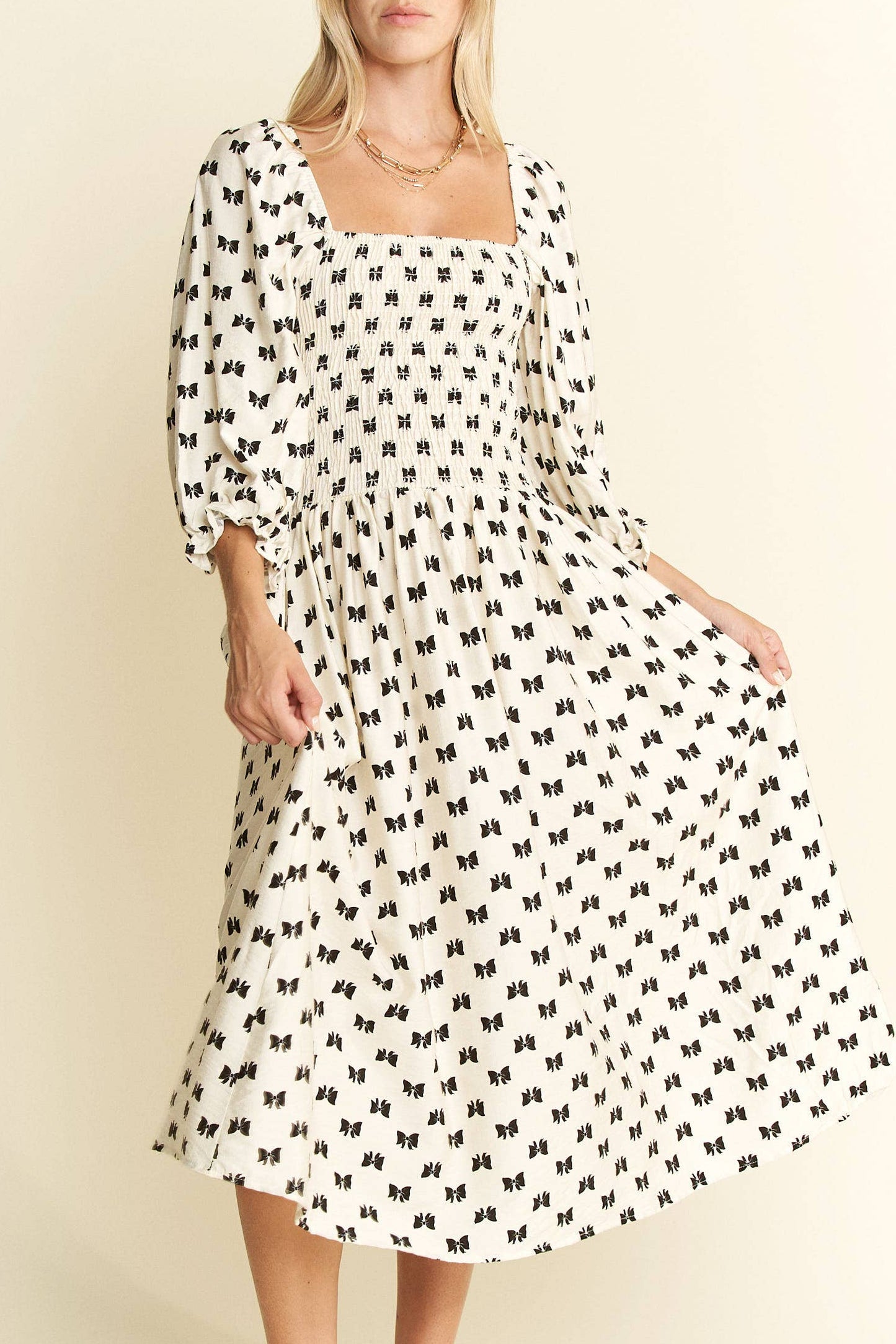 Miss Ribbons - The White Puff Sleeve with Black Ribbon Patterned Dress